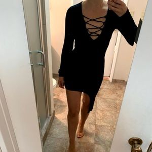 Black asymmetrical dress with lace up V neck